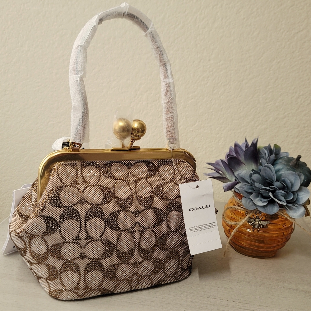Coach Crystal Signature Jacquard Kisslock Frame Bag 16 NWT